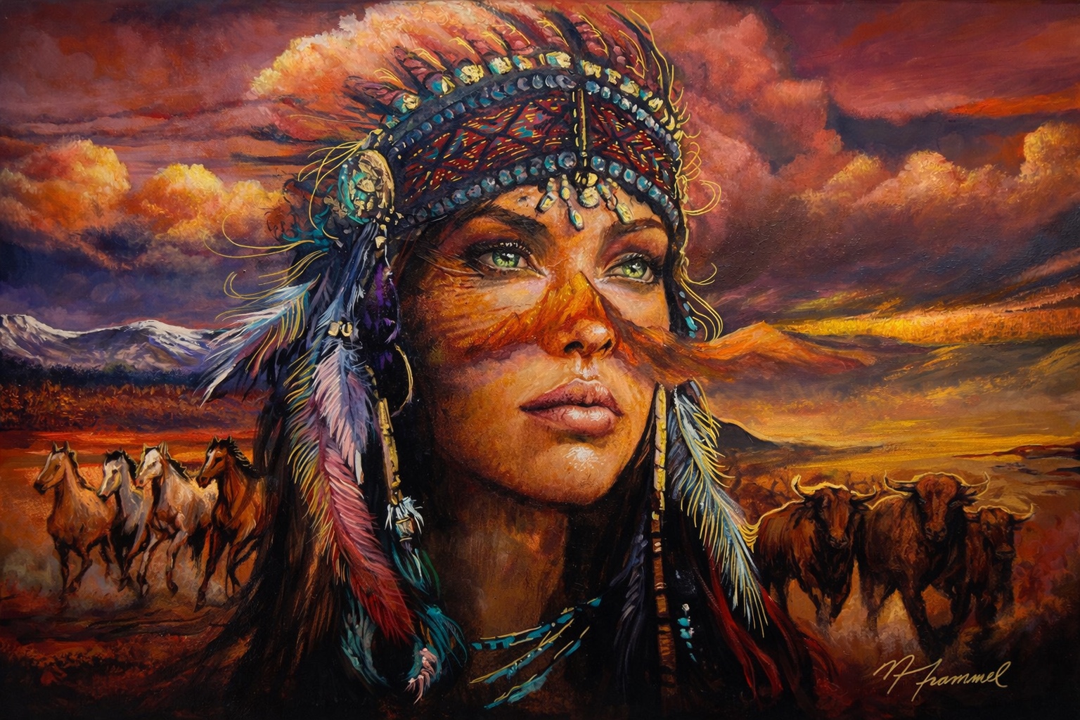 Native American woman against a dramatic western landscape