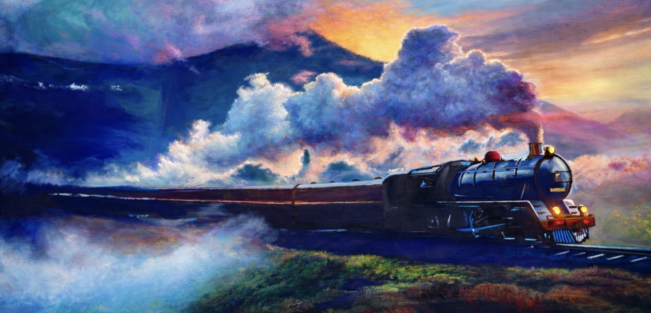 Steam locomotive beneath a dramatic western sky