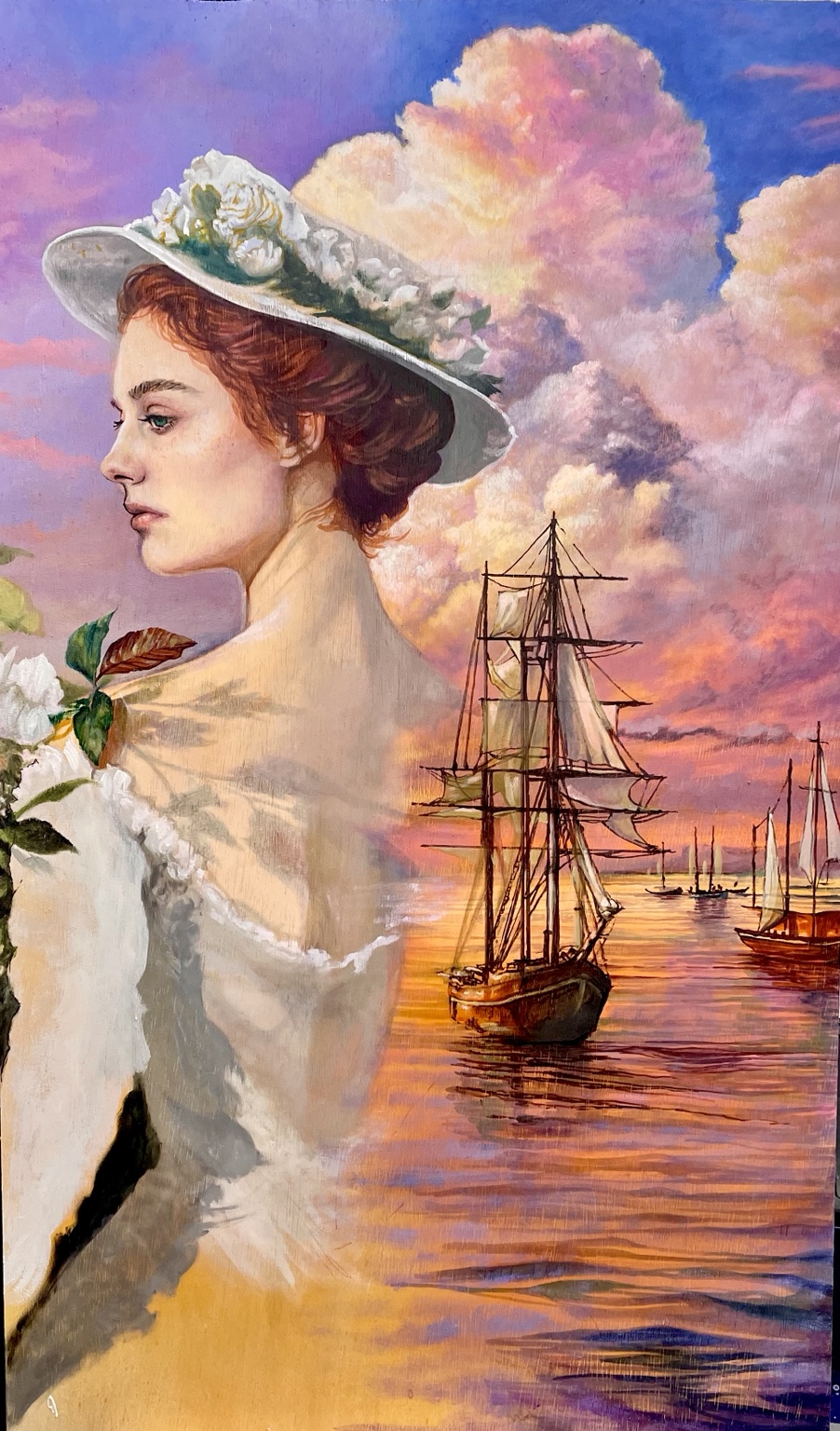 Woman in period dress overlooking sailing ships