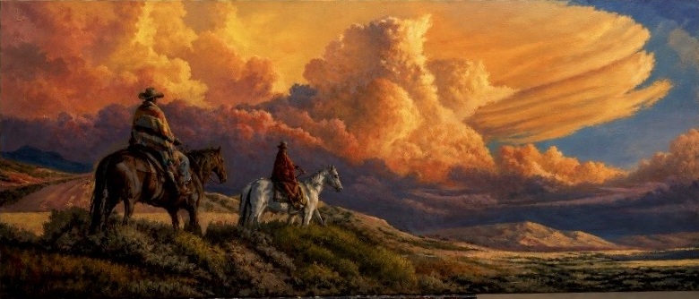 Two riders crossing the western landscape beneath sweeping golden clouds