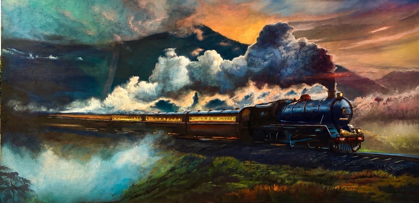 Steam locomotive beneath a dramatic western sky