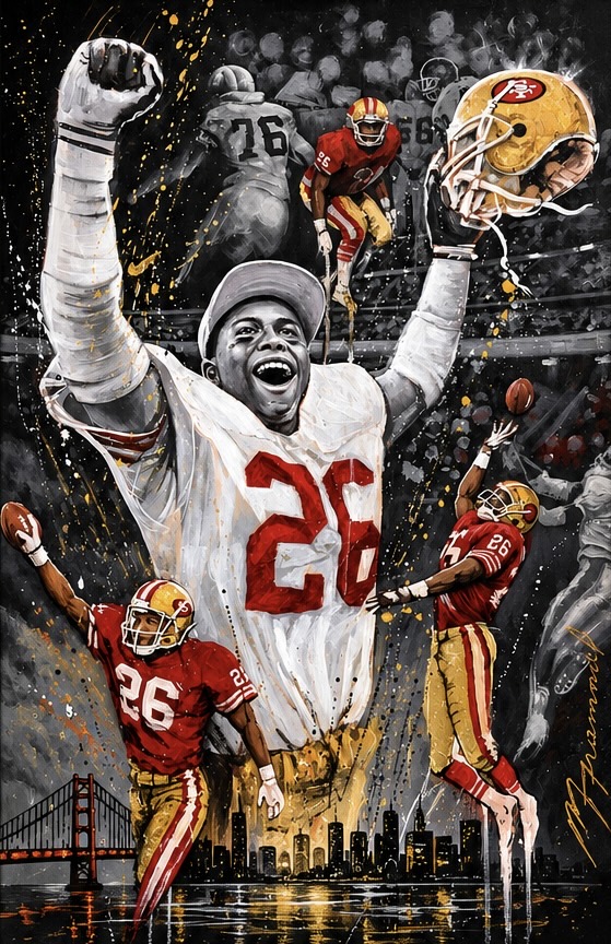 San Francisco 49ers legacy painting with number 26, the Golden Gate Bridge, and the San Francisco skyline
