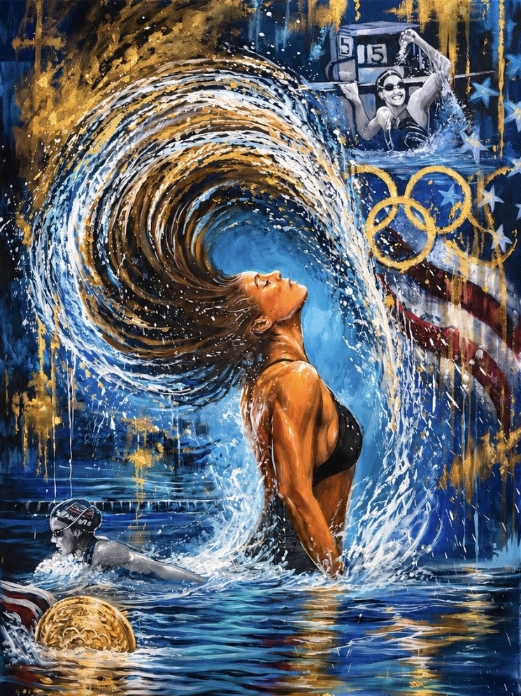 Summer Sanders Olympic swimming legacy painting in blue and gold
