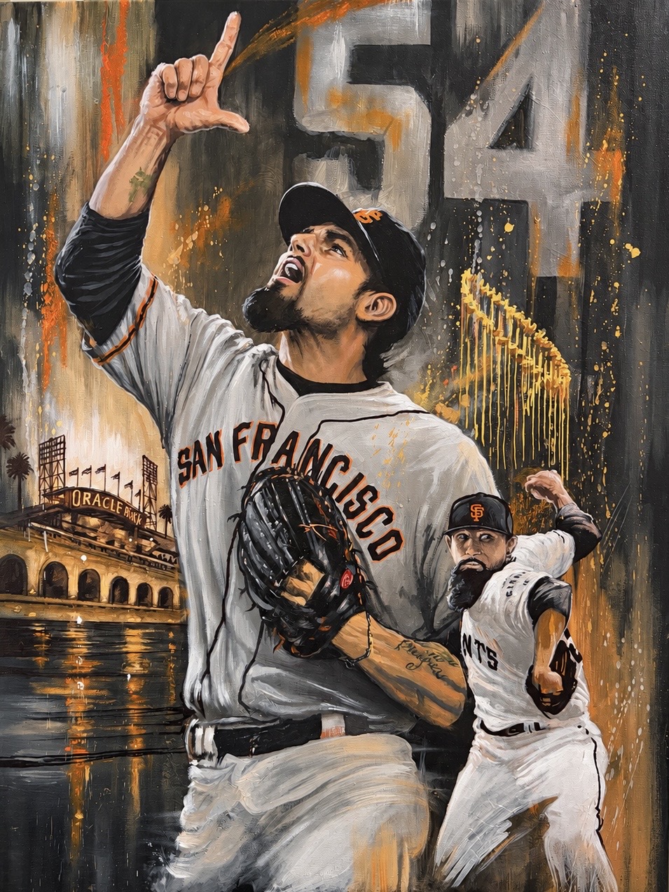 Sergio Romo San Francisco Giants legacy painting with Oracle Park and championship imagery