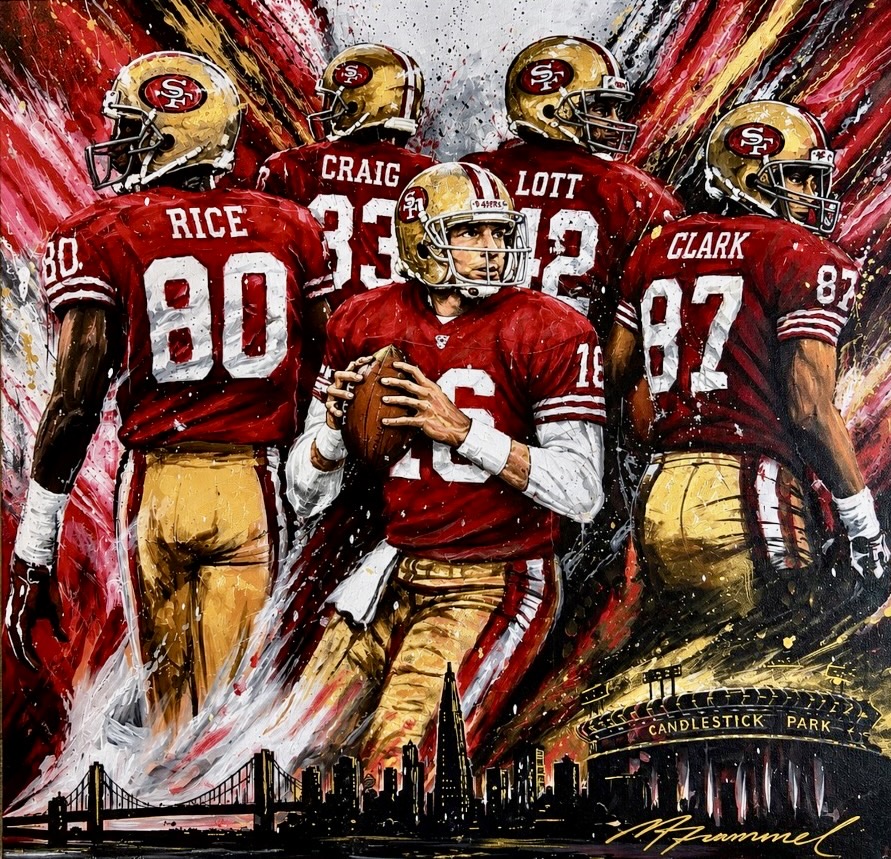 San Francisco 49ers dynasty tribute featuring Joe Montana, Jerry Rice, Roger Craig, Ronnie Lott, and Dwight Clark