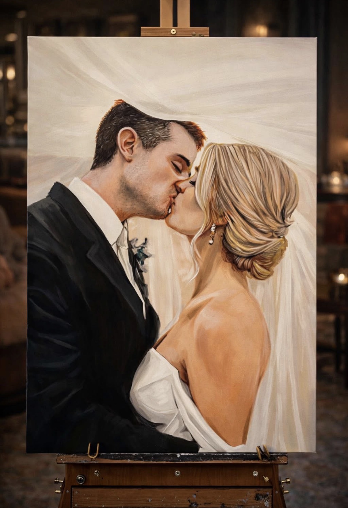 Finished wedding portrait capturing the newlyweds' kiss