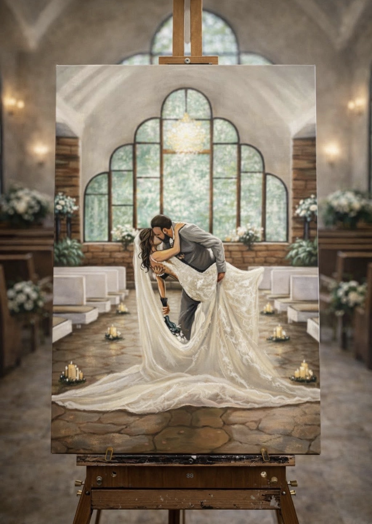 Finished wedding painting of a bride and groom inside a grand venue